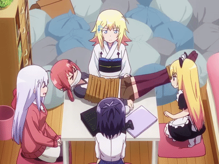 A Group Of Anime Characters Sitting Around A Table GIF