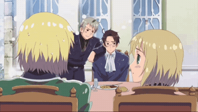 A Group Of Anime Characters Sitting At A Table With A Plate Of Food GIF