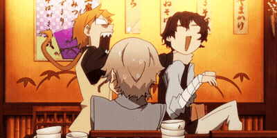 A Group Of Anime Characters Sitting At A Table With Chinese Writing On The Wall GIF