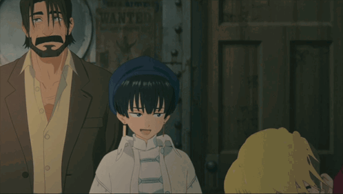 A Group Of Anime Characters Stand In Front Of A Wanted Sign GIF