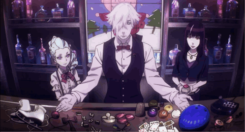 A Group Of Anime Characters Standing Around A Table With Cards And Bottles On It GIF