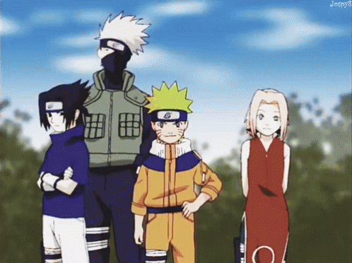 A Group Of Anime Characters Standing Next To Each Other GIF