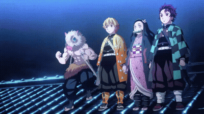 A Group Of Anime Characters Standing Next To Each Other On A Roof GIF