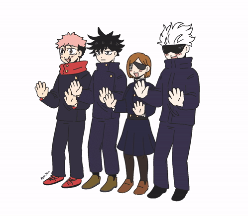 A Group Of Anime Characters Standing Next To Each Other With A Drawing Of Their Faces By A Person Named Aoyama GIF