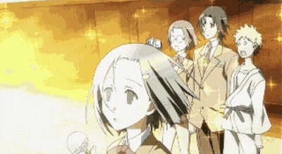 A Group Of Anime Characters Standing Next To Each Other With A Girl Holding A Microphone GIF