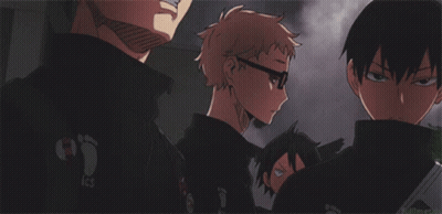 A Group Of Anime Characters Standing Next To Each Other With Birds Flying In The Background GIF