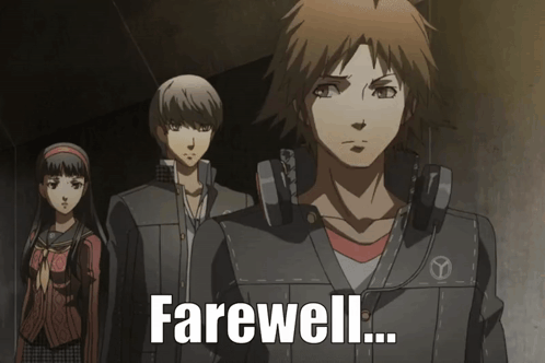A Group Of Anime Characters Standing Next To Each Other With Farewell Written On The Bottom Right GIF