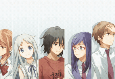 A Group Of Anime Characters Standing Next To Each Other With One Wearing A Red Shirt With Chinese Characters On It GIF