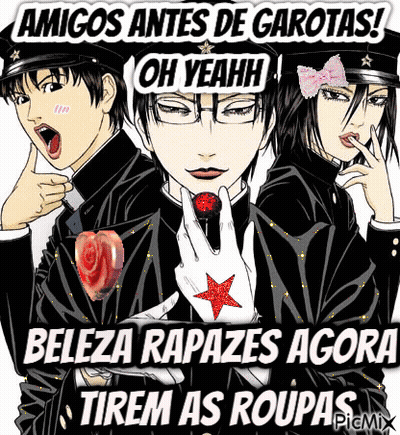 A Group Of Anime Characters Standing Next To Each Other With The Words Amigos Antes De Garotas Oh Yeahh GIF