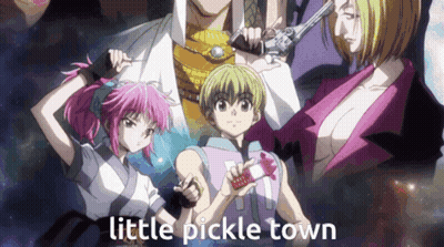 A Group Of Anime Characters Standing Next To Each Other With The Words Little Pickle Town On The Bottom GIF