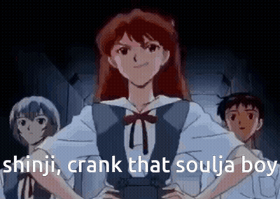 A Group Of Anime Characters Standing Next To Each Other With The Words Shinji Crank That Soulja Boy Written On The Botto GIF