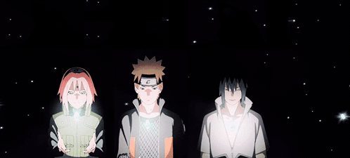 A Group Of Anime Characters Standing Next To Each Other With Their Fist In The Air GIF