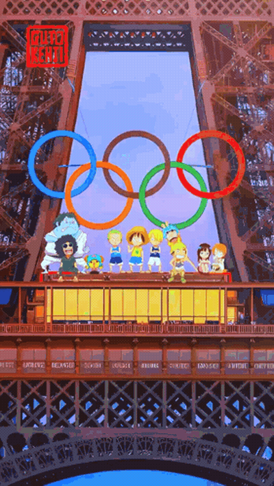 a group of anime characters standing on top of an eiffel tower in front of the olympic rings