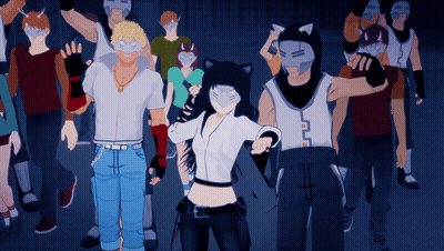 A Group Of Anime Characters Wearing Masks Are Standing In A Dark Room GIF