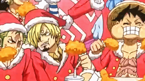 A Group Of Anime Characters Wearing Santa Hats Are Eating Chicken . GIF