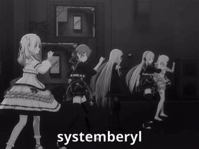 A Group Of Anime Girls Are Dancing In A Black And White Photo With The Word Systemberyl On The Bottom GIF