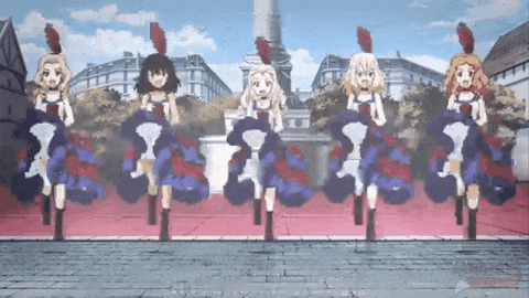 A Group Of Anime Girls Are Dancing In Front Of A City GIF