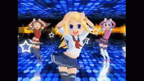 A Group Of Anime Girls Are Dancing On A Blue Dance Floor . GIF