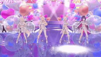 A Group Of Anime Girls Are Dancing On A Stage Surrounded By Balloons And Hearts . GIF