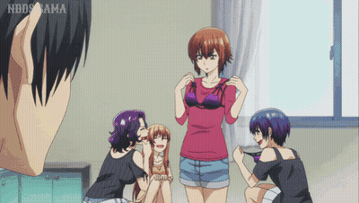 A Group Of Anime Girls Are Gathered Around A Man In A Room With The Words Hddsama On The Bottom Right GIF