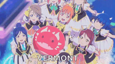 A Group Of Anime Girls Are Posing For A Picture With The Word Vermont In The Upper Right Corner GIF