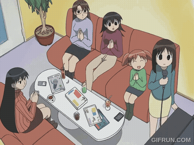 A Group Of Anime Girls Are Sitting Around A Table With A Gifrun.com Watermark GIF