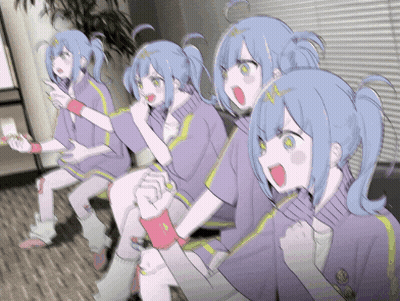 A Group Of Anime Girls Are Sitting In A Row Playing A Video Game GIF
