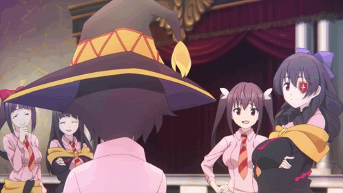 A Group Of Anime Girls Are Standing Around A Man With A Witch Hat On GIF