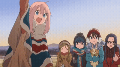 A Group Of Anime Girls Are Standing In A Field With One Girl Holding A Dog GIF