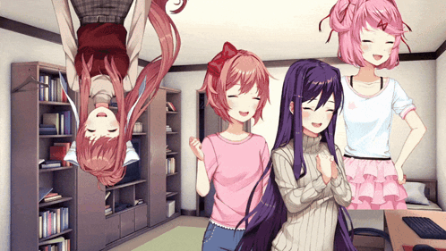 A Group Of Anime Girls Are Standing In A Room And One Girl Is Upside Down GIF