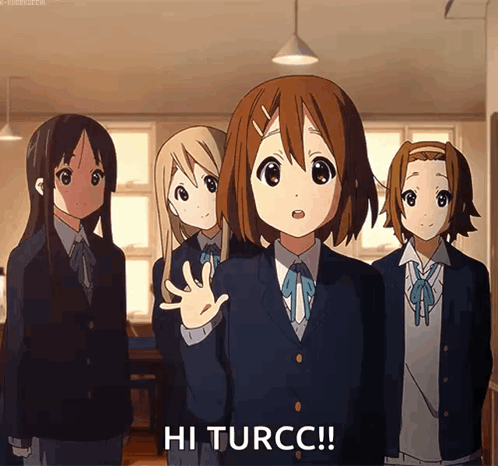 A Group Of Anime Girls Are Standing In A Room And One Of Them Is Saying Hi Turcc GIF