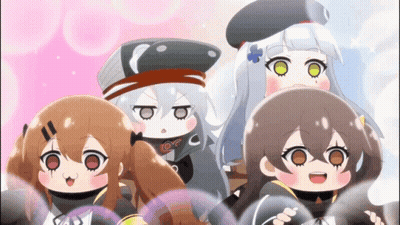 A Group Of Anime Girls Are Standing Next To Each Other And One Of Them Has The Letter C On Her Hat GIF