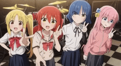 A Group Of Anime Girls Are Standing Next To Each Other In Front Of A Drum Set And Giving Peace Signs . GIF