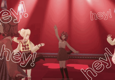 A Group Of Anime Girls Are Standing On A Stage With The Words Hey Written Around Them GIF