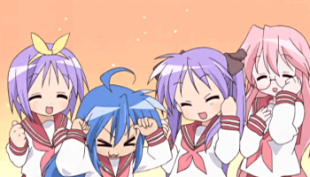 A Group Of Anime Girls Are Standing Together And Smiling GIF