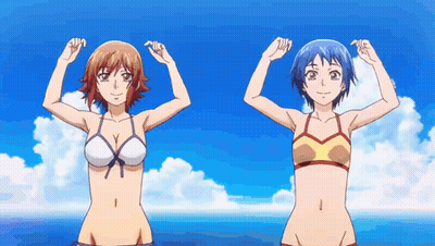 A Group Of Anime Girls In Bikinis Are Dancing On A Beach . GIF