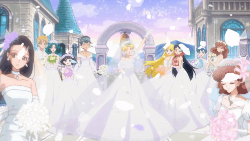 A Group Of Anime Girls In White Dresses Are Standing In Front Of A Building GIF