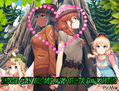 A Group Of Anime Girls Standing Next To Each Other With The Words " Free Gilmans And Their Daughters " Written On The Bo GIF
