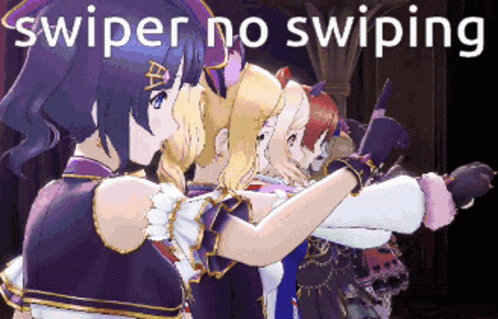 A Group Of Anime Girls Standing Next To Each Other With The Words " Swipe No Swiping " Behind Them GIF