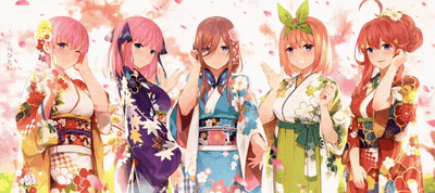 A Group Of Anime Girls Wearing Kimonos Are Standing In A Row GIF