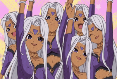 A Group Of Anime Girls With Their Arms Up GIF