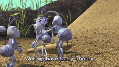 A Group Of Ants Are Standing In The Dirt And One Of Them Says " Well We Have To Try Thorny " GIF