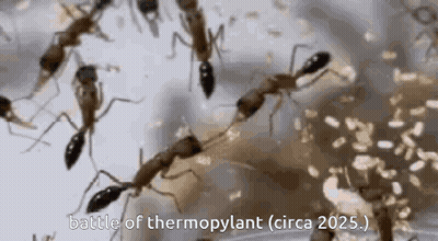 A Group Of Ants Are Standing Next To Each Other On A White Surface . GIF