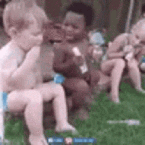 A Group Of Babies Are Sitting On The Grass Eating Ice Cream . GIF
