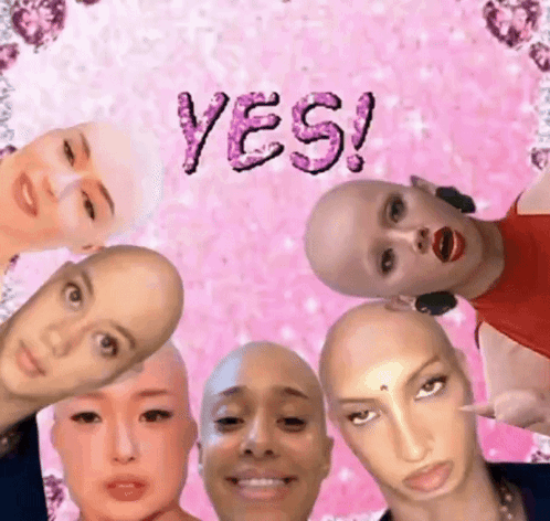 A Group Of Bald Mannequins Are Posing For A Picture With The Words Yes Written On The Bottom GIF