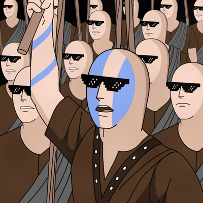 A Group Of Bald Men Wearing Sunglasses And A Blue Mask GIF