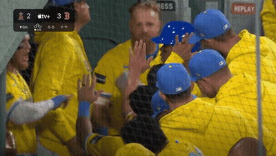 A Group Of Baseball Players Are Huddled Together In A Dugout With Replay Written On The Bottom GIF