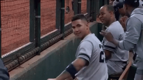 A Group Of Baseball Players Are Sitting In The Dugout And One Of Them Has The Number 2 On His Shirt GIF