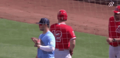 A Group Of Baseball Players Are Standing On A Field . GIF