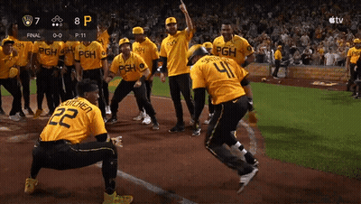 A Group Of Baseball Players Wearing Yellow Shirts With Psh On Them GIF